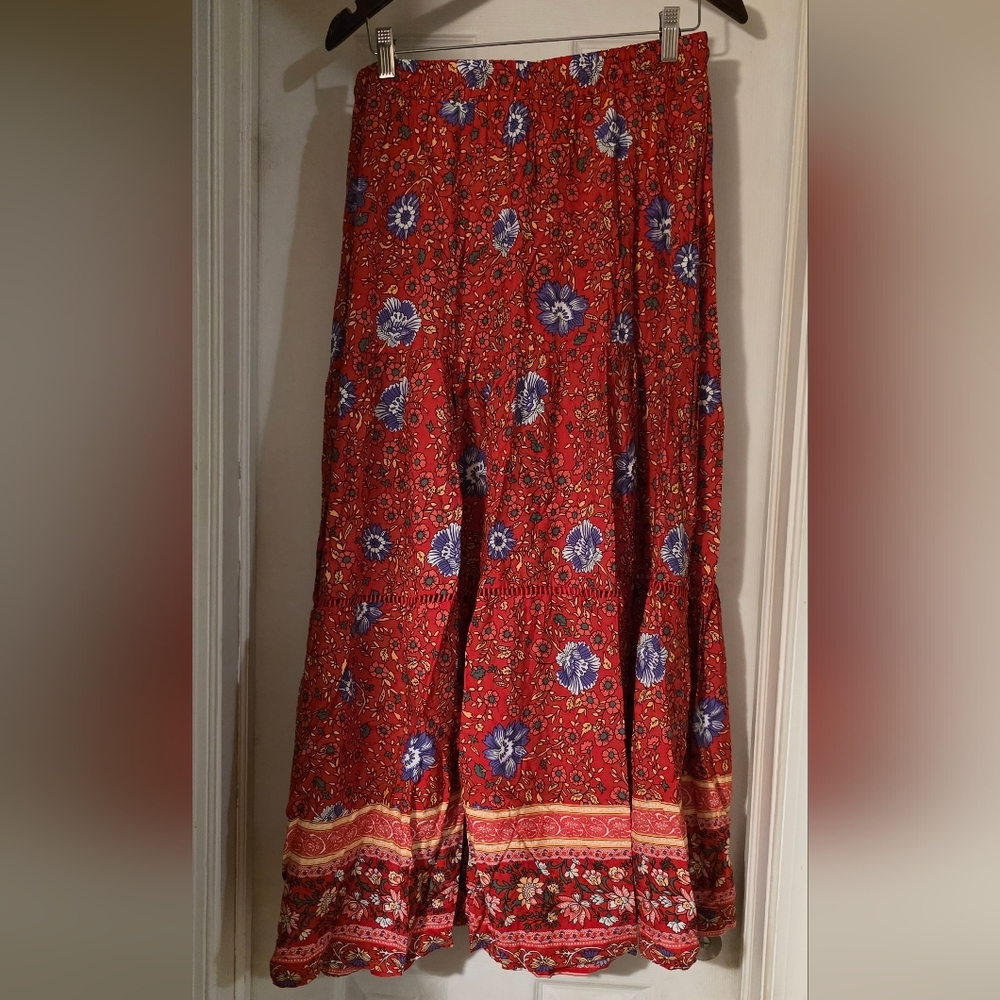Red Tiered Boho Maxi Skirt for Casual Resort Wear - Picture 2 of 5